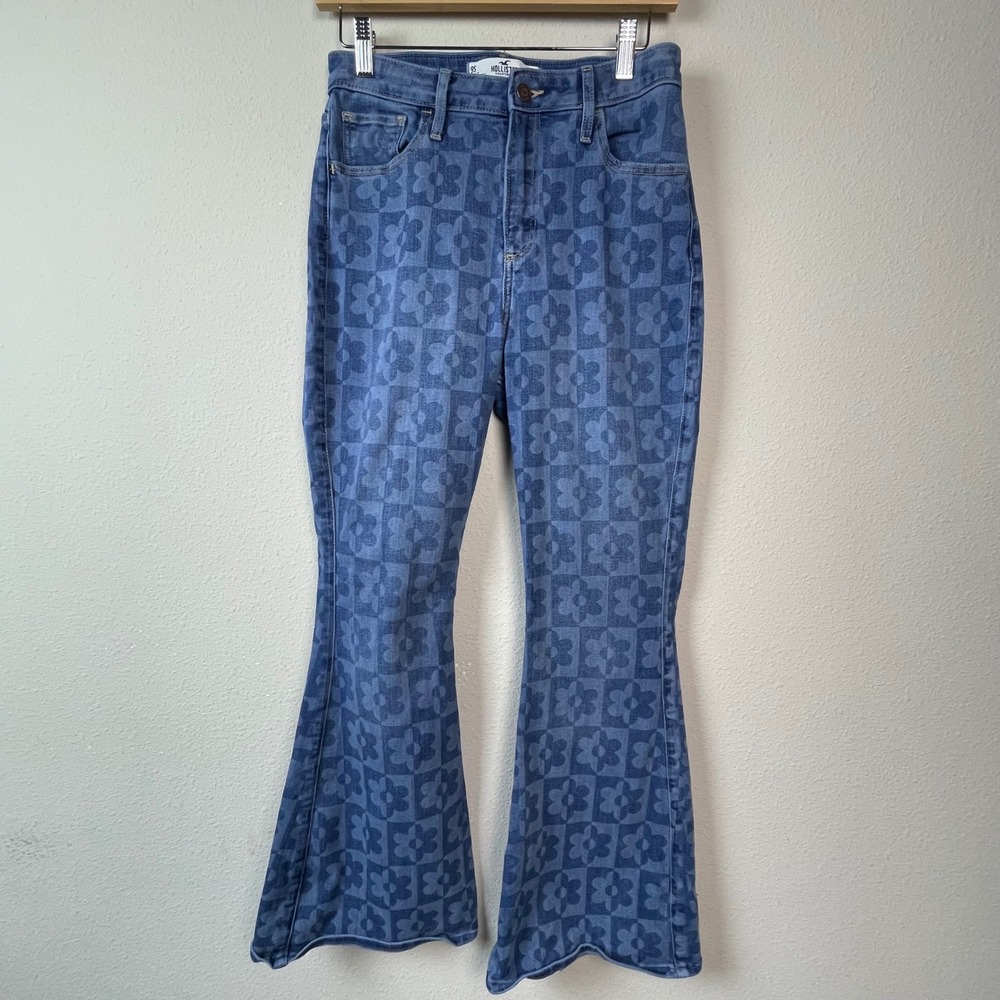 Hollister Floral Checkerboard Flare Jeans Womens Boho 29 Blue Retro High‎ Rise